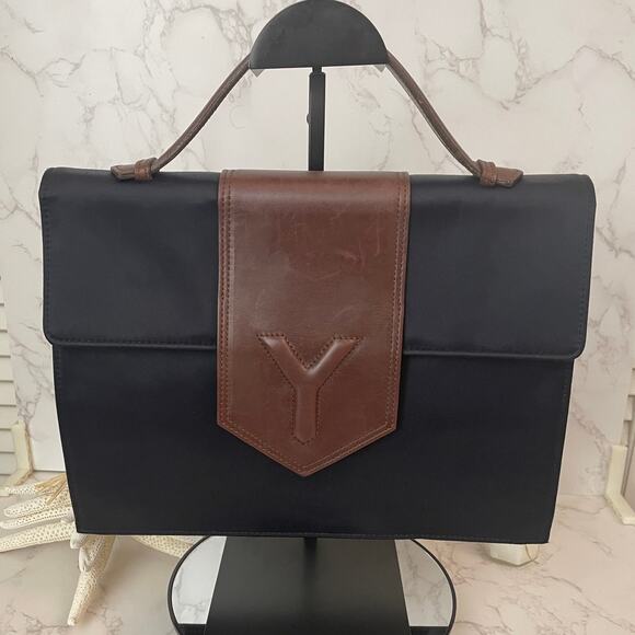 Yves Saint Laurent Top Handle Black Nylon Bag with Brown Leather Trim - Picture 1 of 9